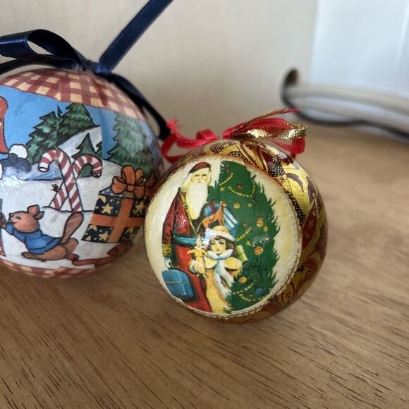 Vintage Christmas Ornaments Snowman Santa Lot of 2 Ball Ribbon - Picture 3 of 6
